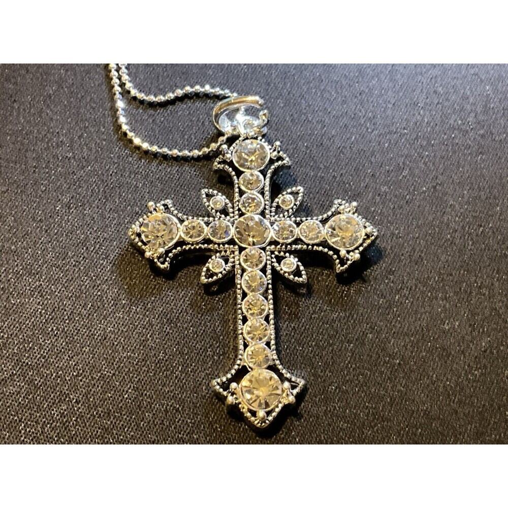 16in Chain W/ 3in Ext Rhinestone Cross Pendant Silver Plated
